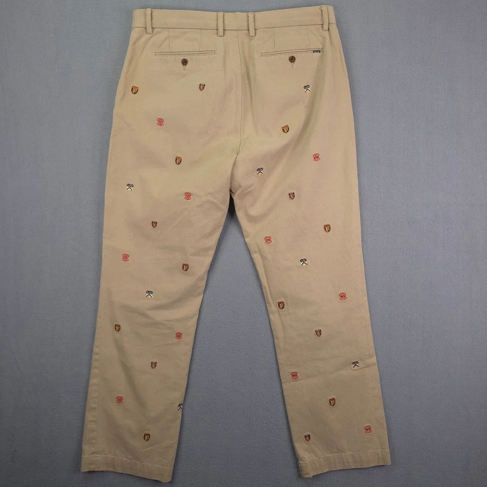 POLO RALPH LAUREN Chino Pants Crest Embroidery Khaki 35x32 Classic Fit Cotton